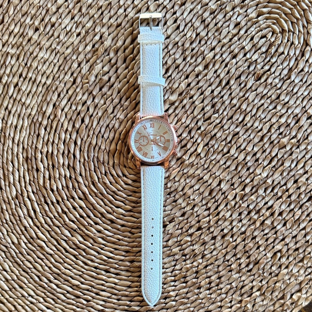 White Leather Strap Watch with Rose Gold Case